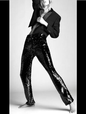 ZARA Black Sequin High Rise Pants with Inside Ankle Slits - M